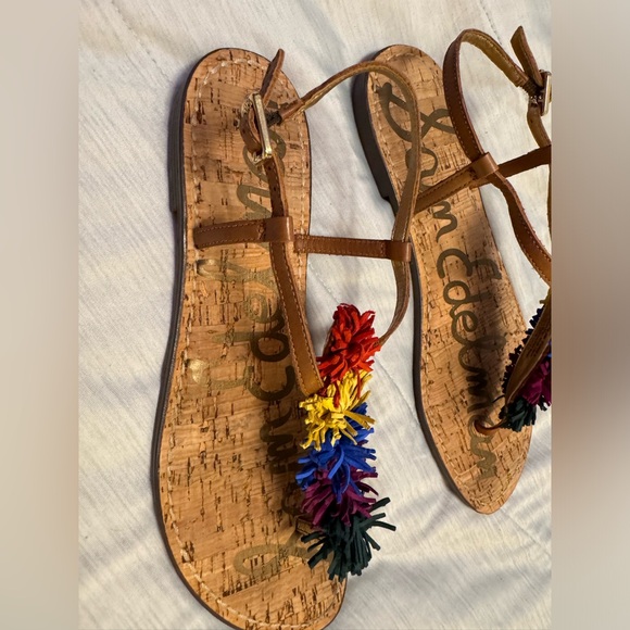 SAM EDELMAN Sz 10.5 GATES EMBELLISHED LEATHER FRINGE THONG SANDAL MULTICOLOR - Picture 8 of 8